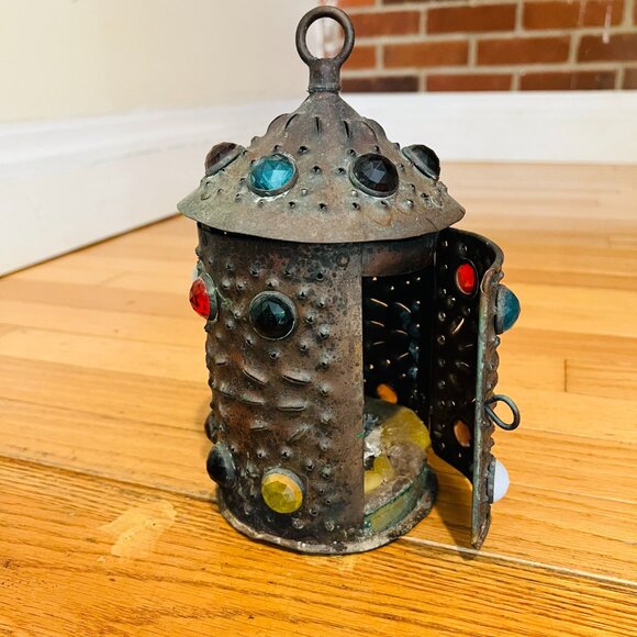 Early Bradley & Hubbard Pierced Brass Lantern Colored Glass - Picture 1 of 16